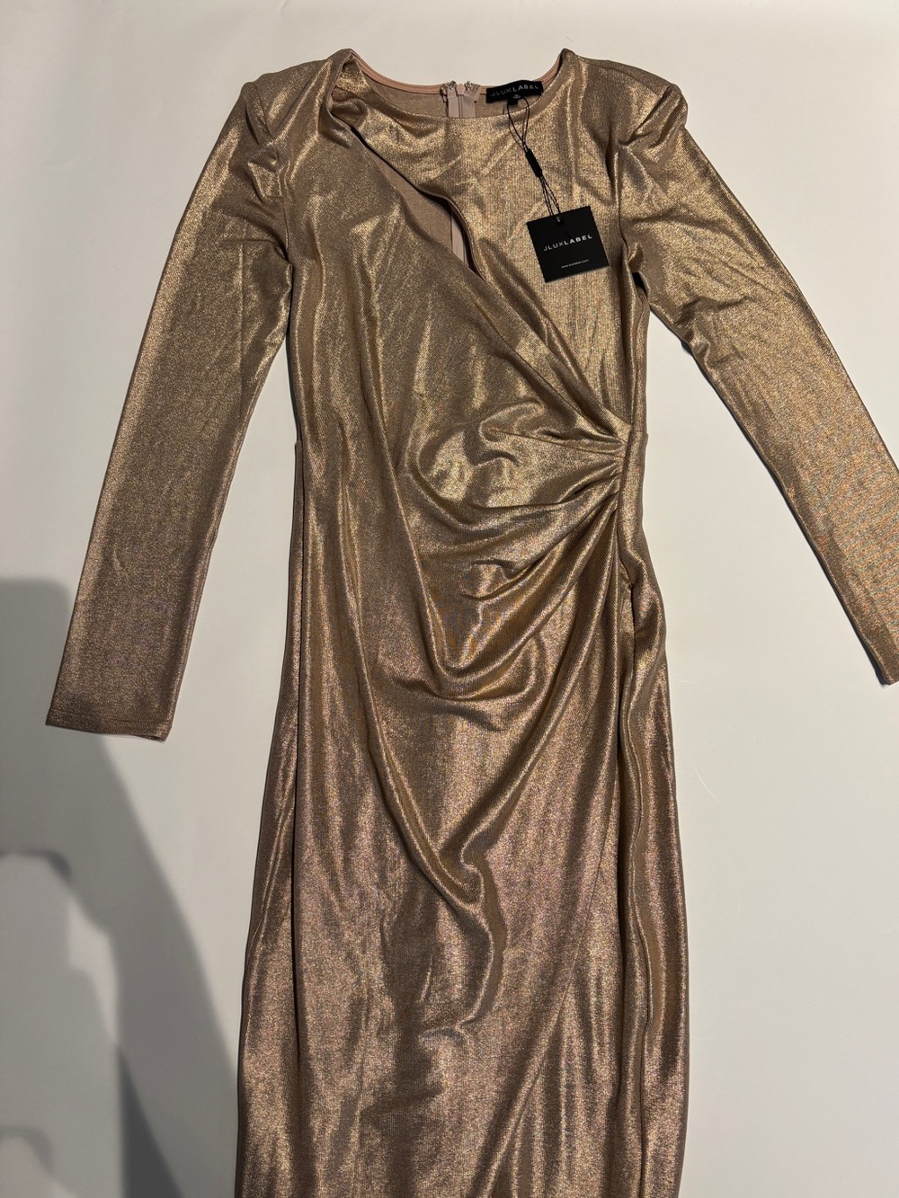 JLUXLABEL Metallic Gold Drape Long-Sleeve Dress